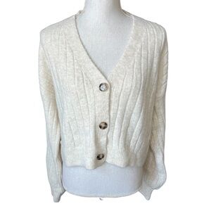 Stradivarius Cream Ribbed Knit Cropped Cardigan Sweater